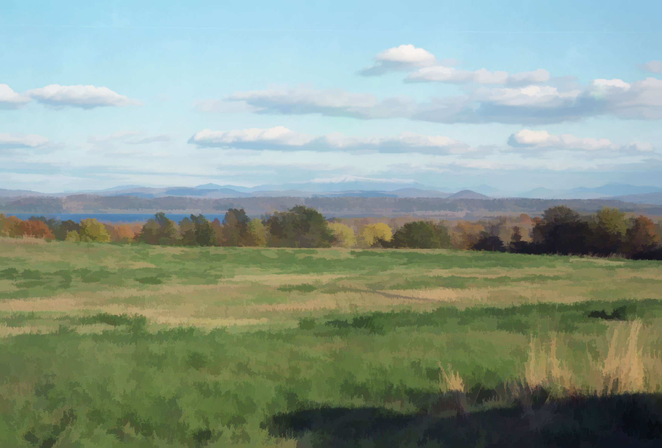 a drawing from a photo of fields with a river, mountains, and clouds in the distance.